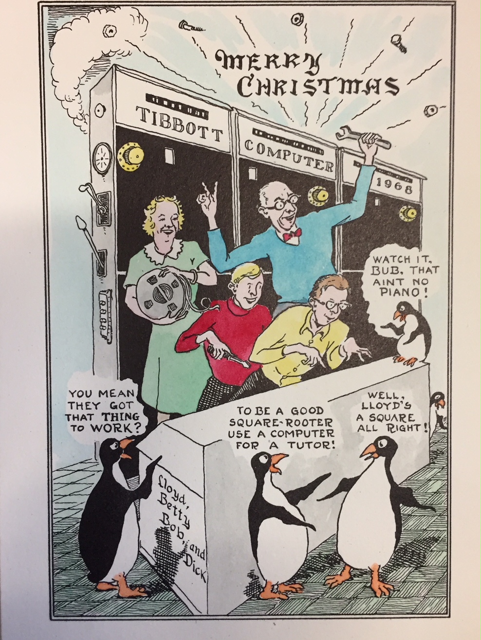 Seth's family Christmas card with penguins and drawn by his dad